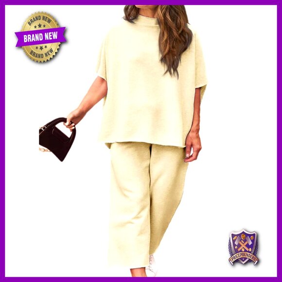 Plus Size Lounge Set 3/4 Sleeve Capelet Top Wide Leg Pants Cotton Blend